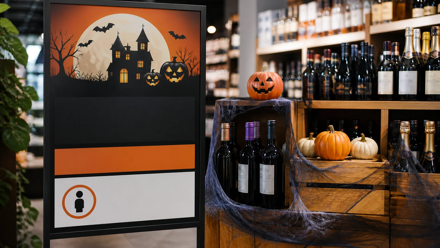 Halloween poster printing display with clear age-guidance layout in a retail setting