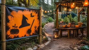Halloween PVC banner beside a themed activity area at a seasonal attraction