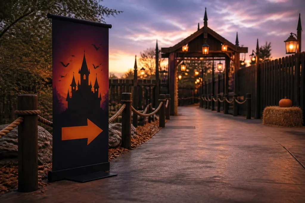 Seasonal banner positioned at the start of a Halloween event queue route