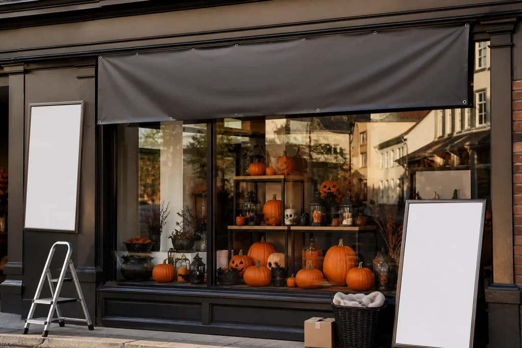 Halloween shop window banner with changeable seasonal display for Halloween banners for shops.