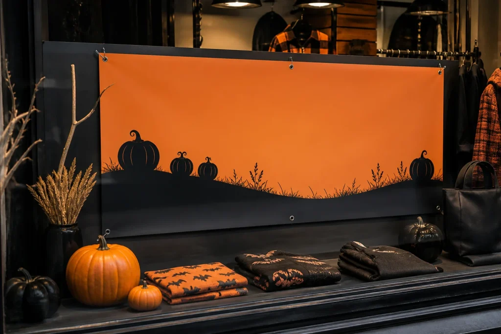 Halloween shop window display with space for a promotional banner for custom Halloween banners.