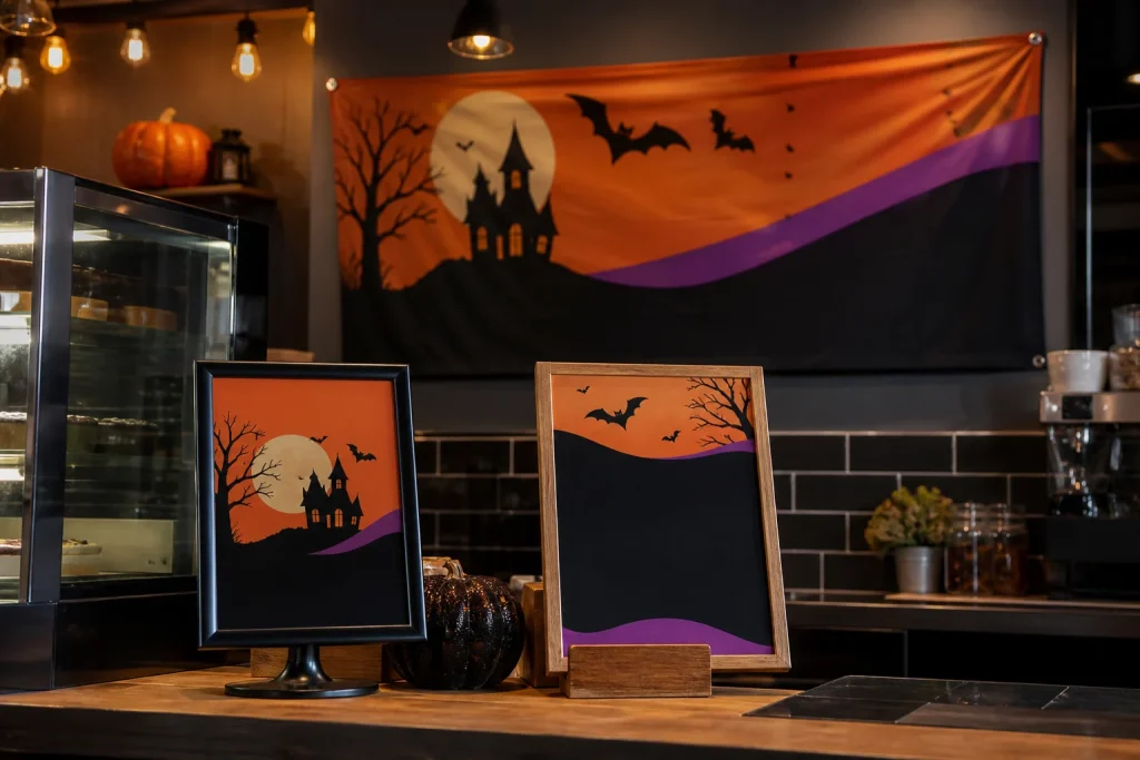 Coordinated indoor Halloween banners and seasonal display materials