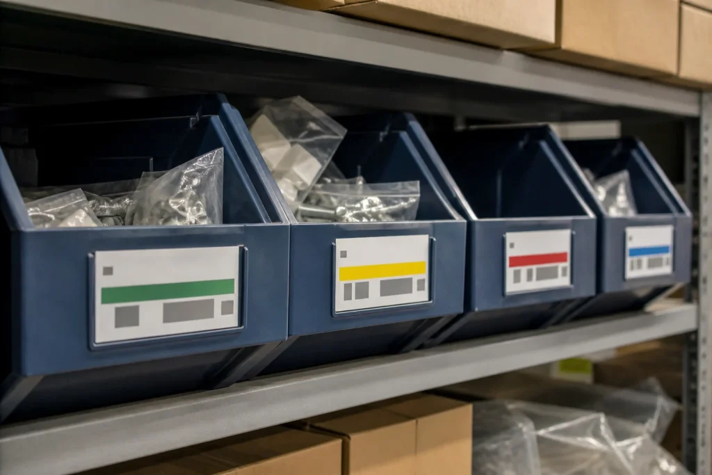 Internal stock identification stickers on labelled storage bins for sticker printing.