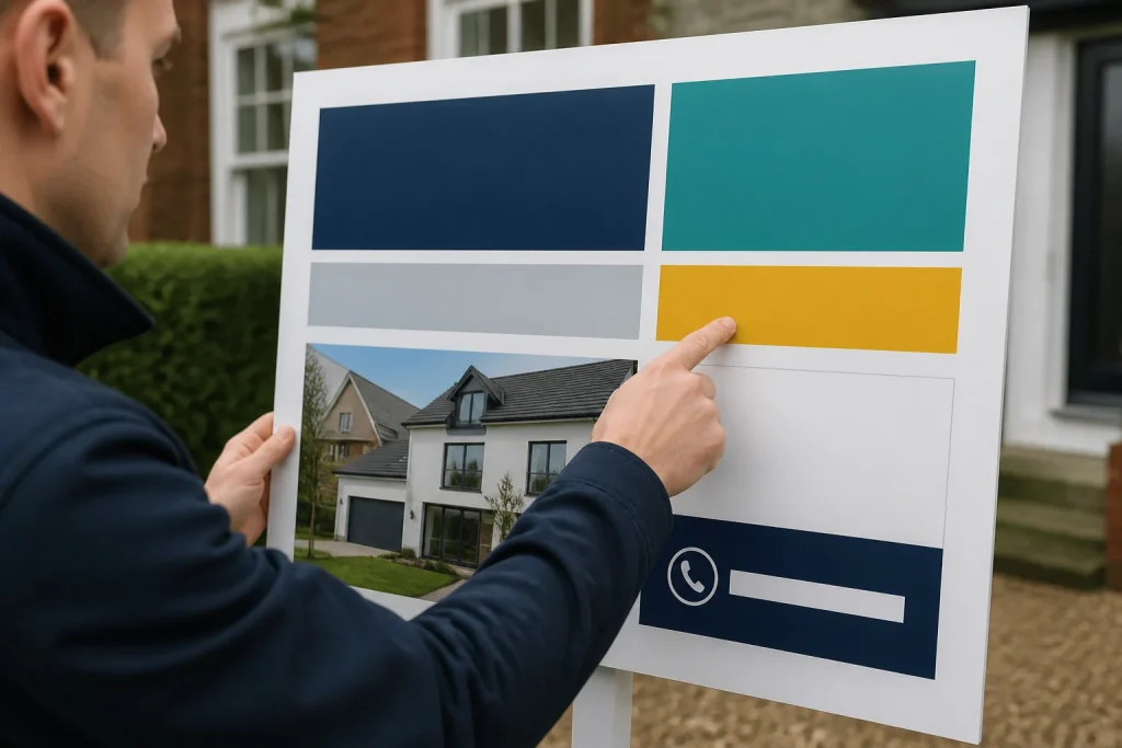 Joint instruction estate agent board layout with two agency areas and one contact route for printed estate agent boards UK.