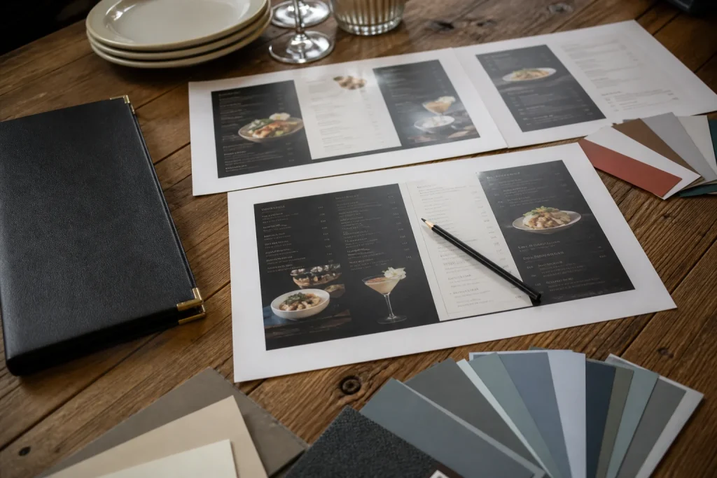 Menu proof sheets prepared for a custom printed menu revision