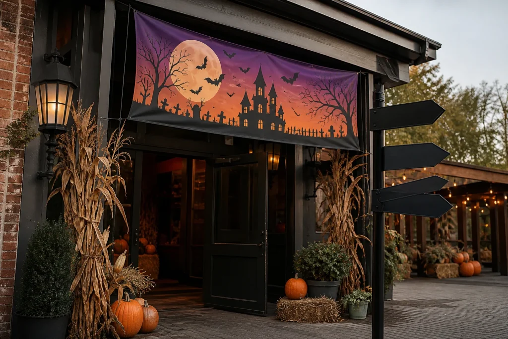 Outdoor Halloween banner at a decorated venue entrance