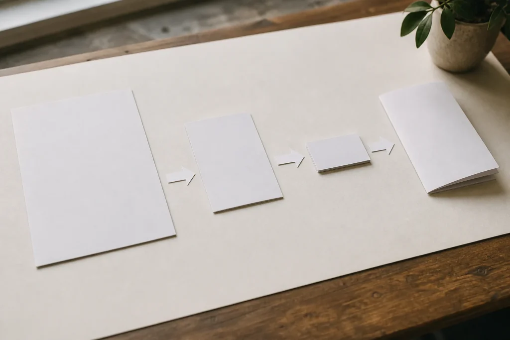 Printed marketing materials arranged to plan a customer journey for print design services.