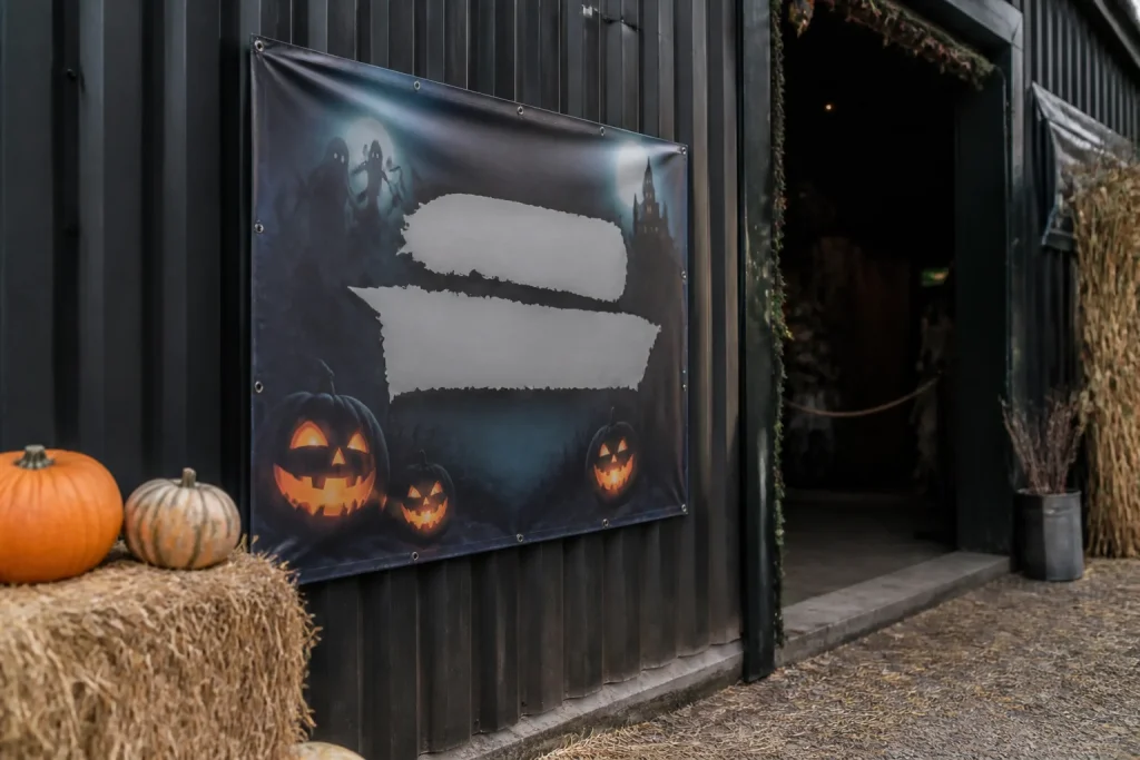 High-contrast Halloween PVC banner at an activity entrance