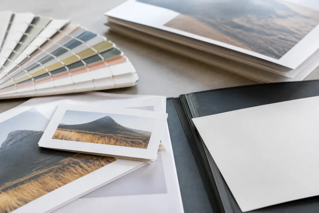 Previous printed samples and paper swatches for a repeat print order for print quote UK.