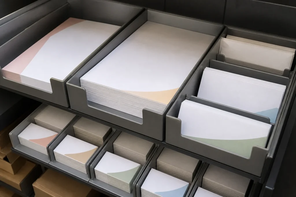 Organised branded stationery stock for planned repeat orders for litho printing.