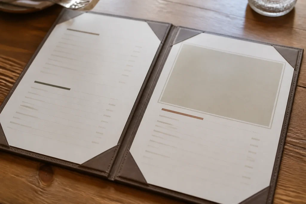 Printed restaurant menu layout with clear sections and seasonal update space for custom printed menus UK.