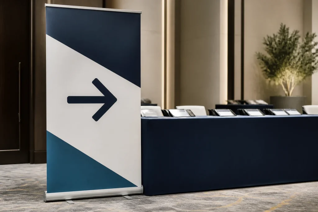 Roller banner with clear visual hierarchy at an event registration point for custom printed event displays UK.