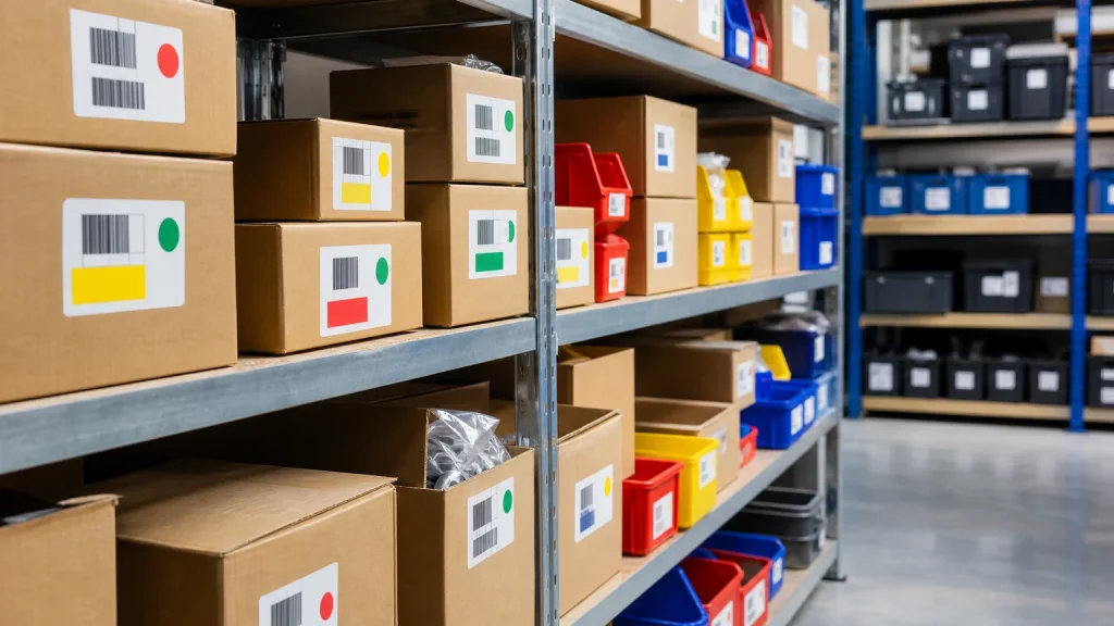 Printed stock control stickers on organised storage bins and warehouse shelving for sticker printing.