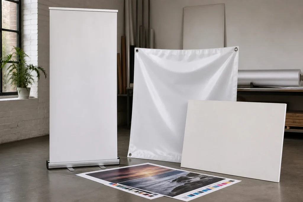 Wide-format display samples and artwork proofs for a business print brief for printing services UK.