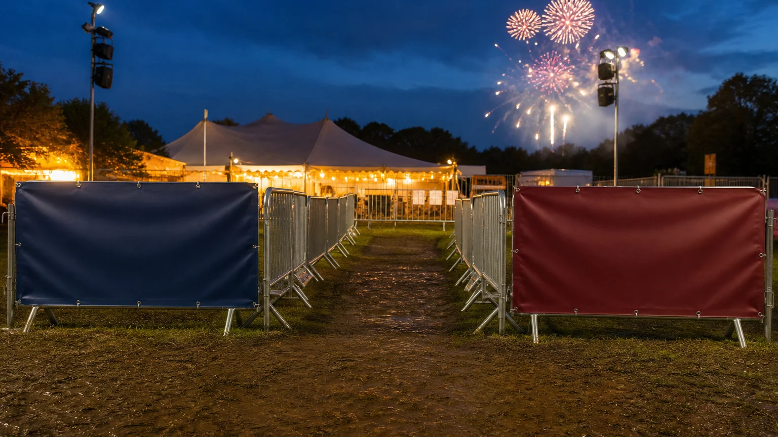 Bonfire Night event entrance with banners marking separate queue and collection routes