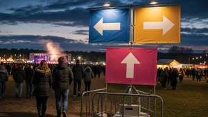 Bonfire night banners directing visitors between event zones