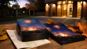 Bonfire Night event flyers arranged with a venue map to help visitors plan arrival details
