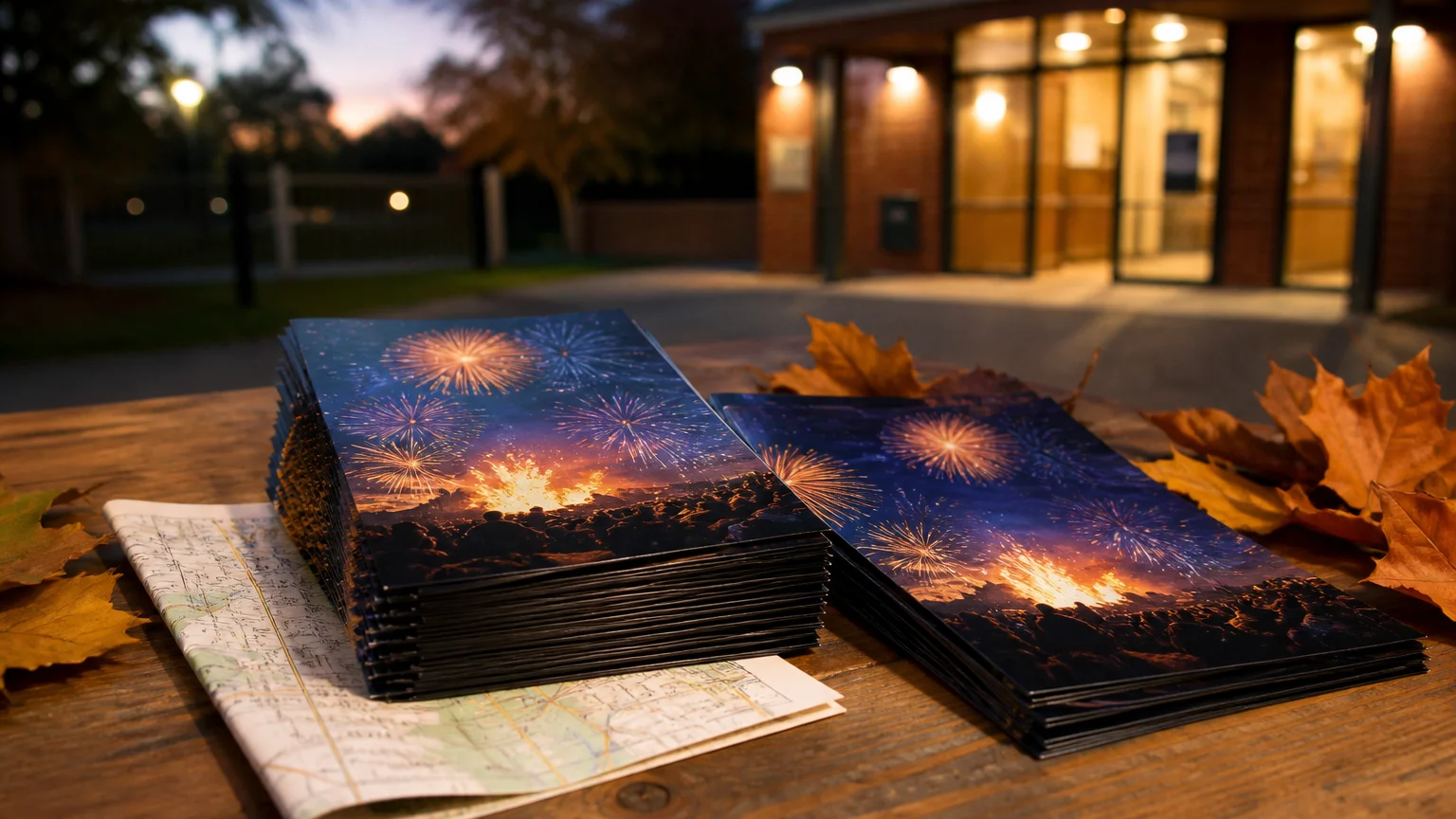 Bonfire Night event flyers arranged with a venue map to help visitors plan arrival details