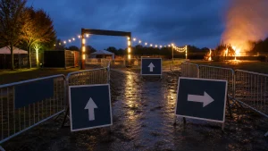 Temporary Bonfire night signage directing visitors along a safe event route