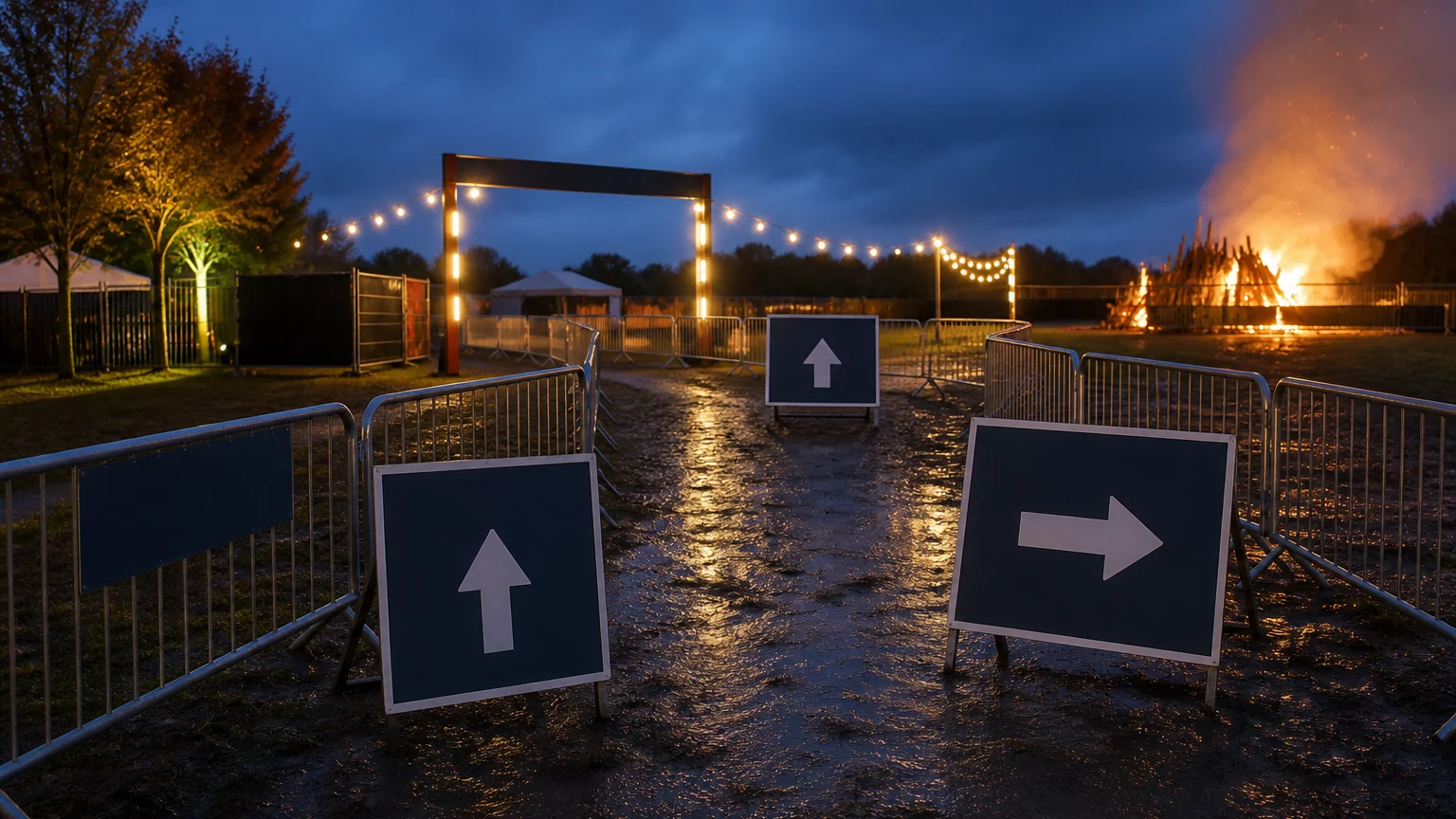 Temporary Bonfire night signage directing visitors along a safe event route