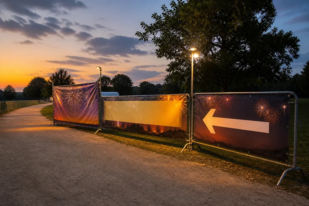 Coordinated Guy Fawkes PVC banners used for welcome, sponsor and directional displays