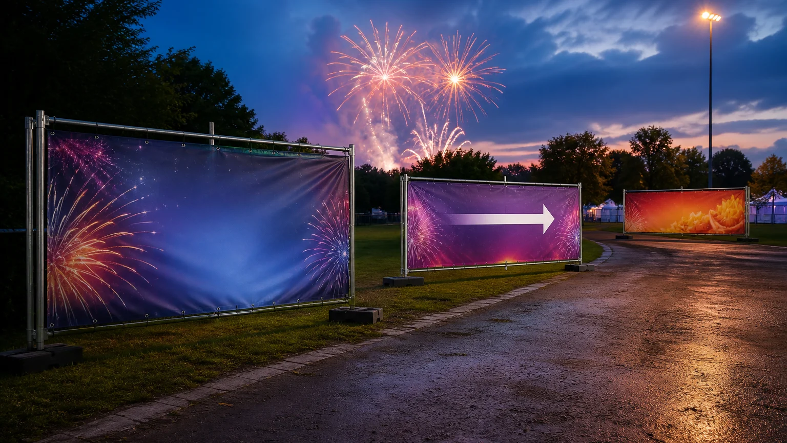 Separate Fireworks Night event banners for welcome, directions and food areas