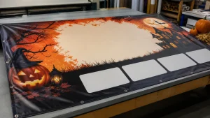 Custom Halloween banner artwork with a clear central message area and reserved sponsor space