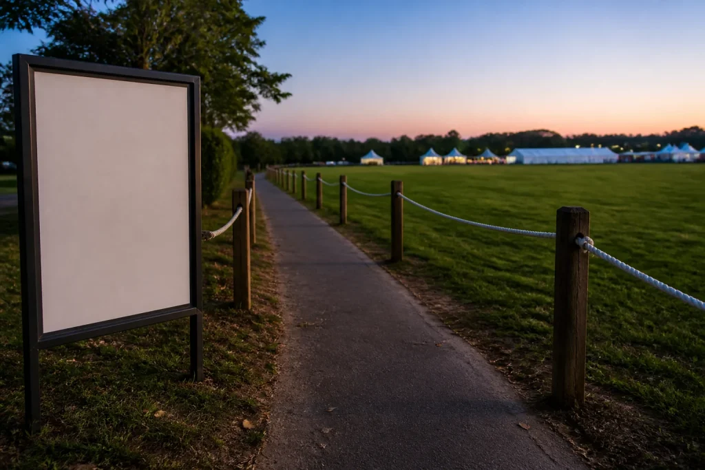 Poster board marking an entrance route towards a fireworks viewing area for Firework event posters.
