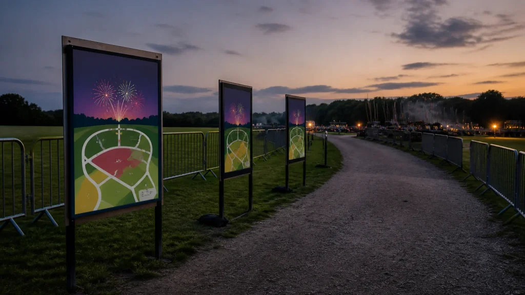 Firework event posters positioned along a route to separate viewing areas