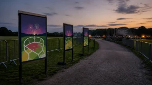 Firework event posters positioned along a route to separate viewing areas