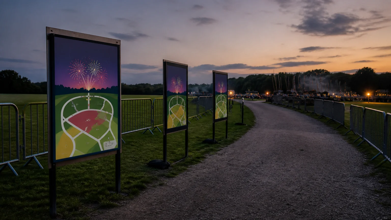 Firework event posters positioned along a route to separate viewing areas