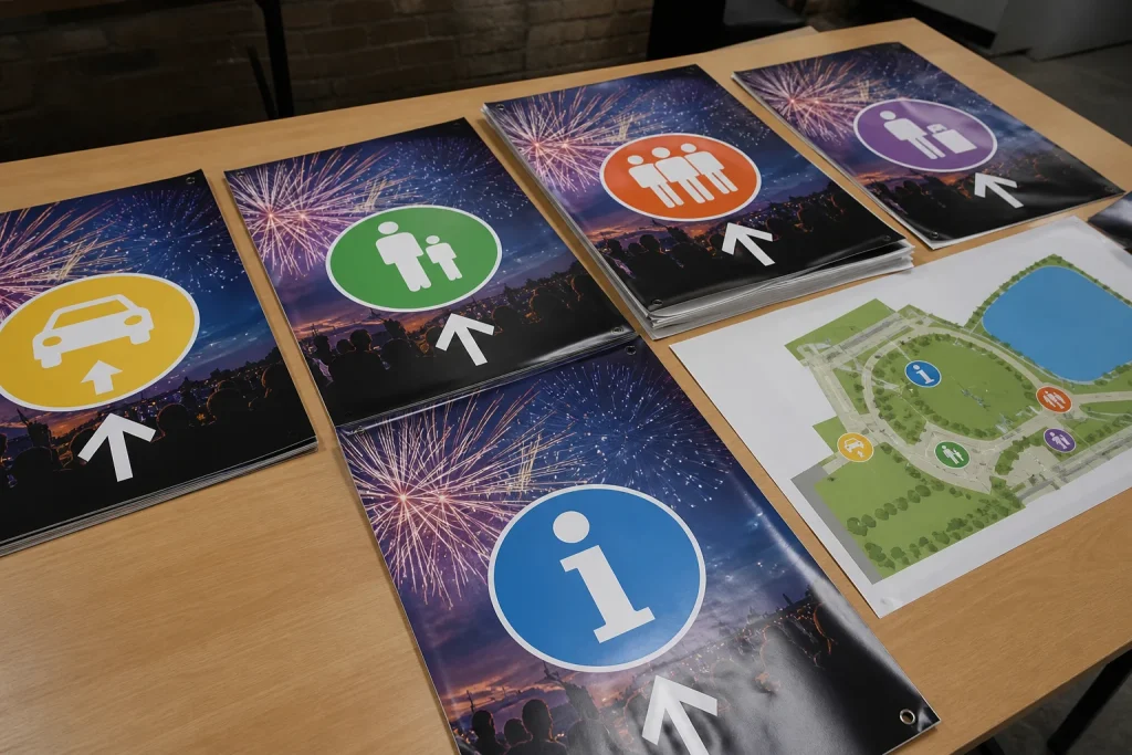 Different Firework event poster layouts planned beside a site map