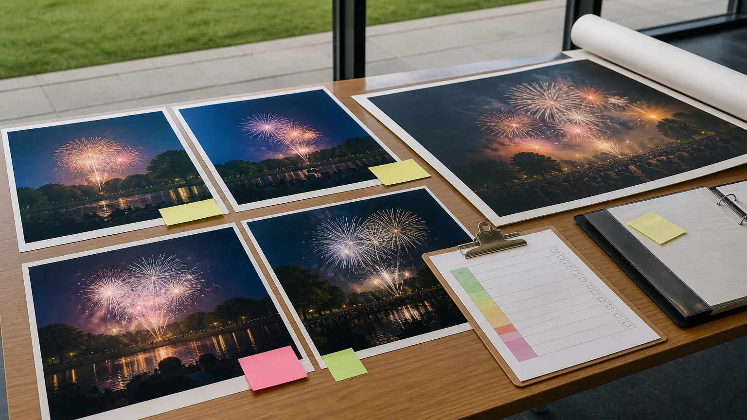 Fireworks display printing proofs arranged with a version-control checklist