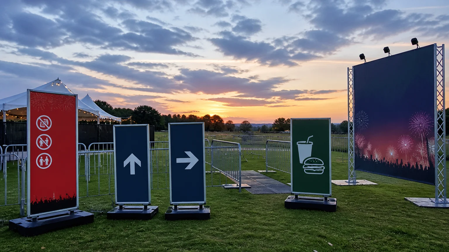 Fireworks event signage arranged with separate safety and directional displays