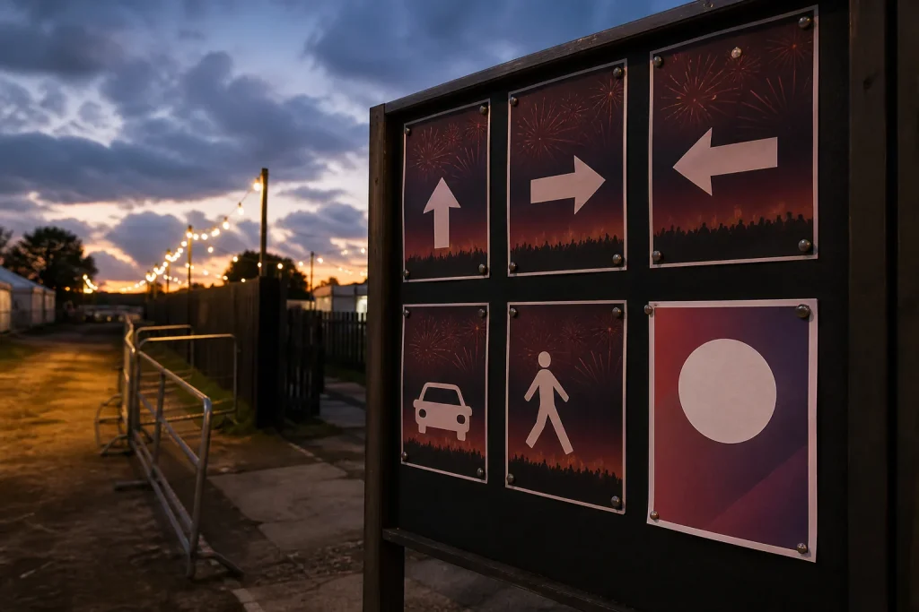 Updated printed event notice displayed alongside directional signage for Fireworks Night event printing UK.