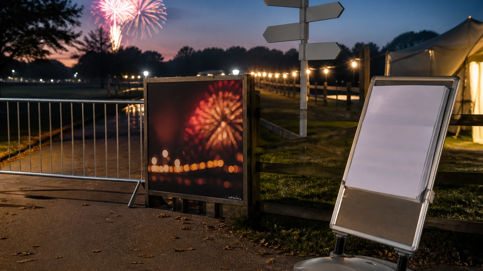 Printed Fireworks Night event information displays with update notices at a UK venue