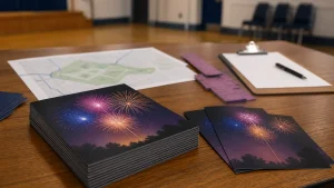 Stack of Fireworks Night event flyers prepared with visitor information