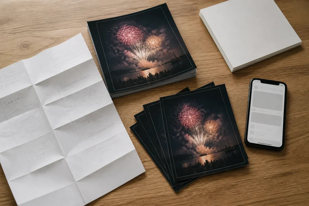 Printed Fireworks Night flyer beside event update planning materials