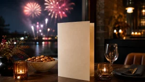 Printed Fireworks Night menu on a hospitality table with seasonal food and drink setting