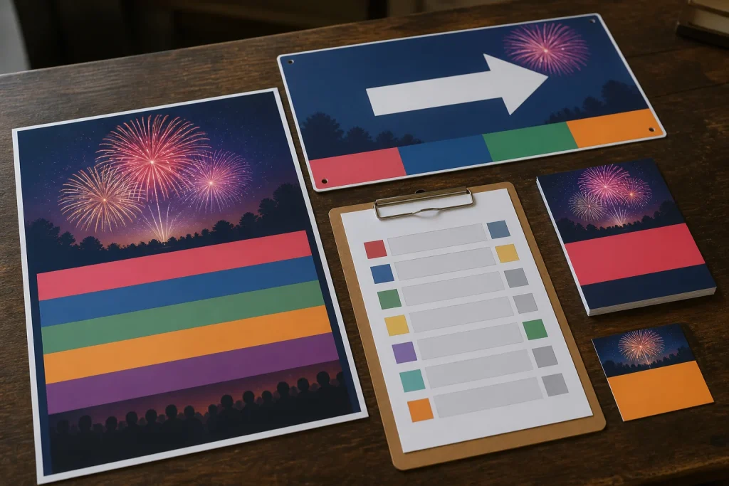 Printed Fireworks Night event materials separated by purpose and update risk