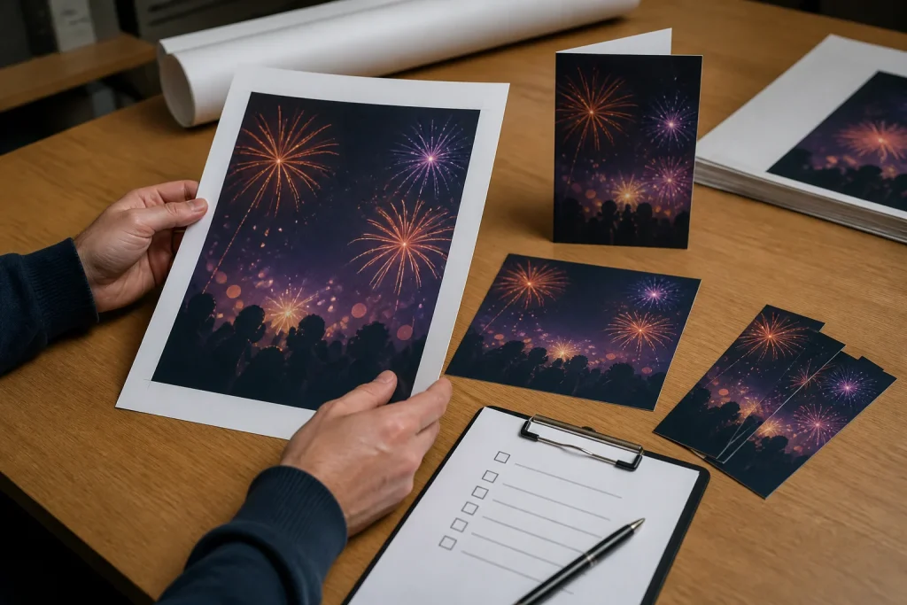 Reviewing Fireworks Night printing proofs and approved event artwork versions
