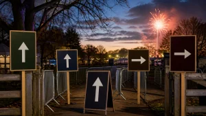 Guy Fawkes event signage guiding arrivals and exits at an outdoor fireworks event