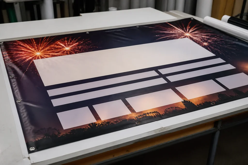 PVC banner artwork layout showing space for event details and grouped sponsor information for Guy Fawkes PVC banners.