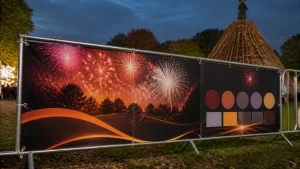 Guy Fawkes PVC banner at an event entrance with a clear main display area and separate sponsor section