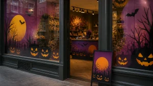 Halloween display printing coordinated across a shop window and counter display
