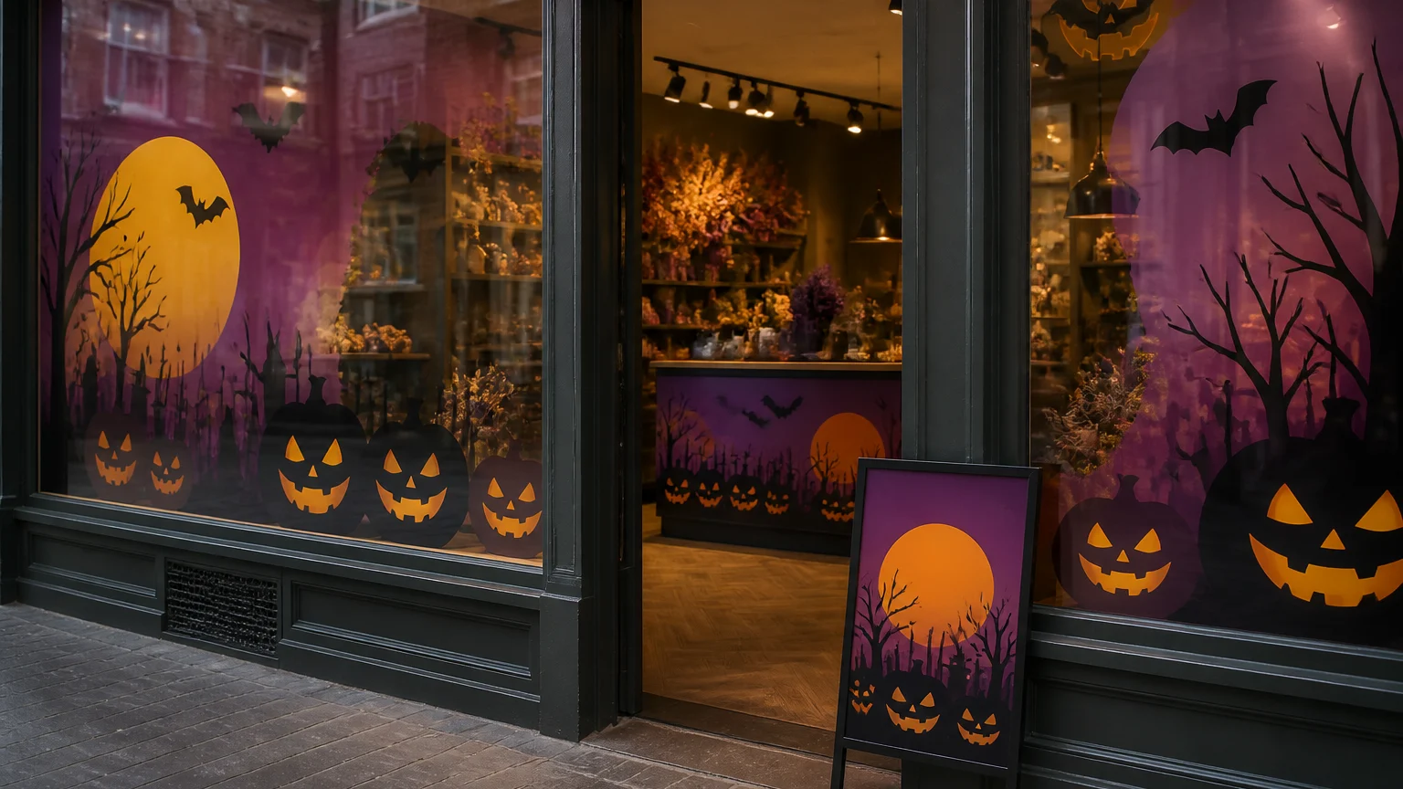 Halloween display printing coordinated across a shop window and counter display