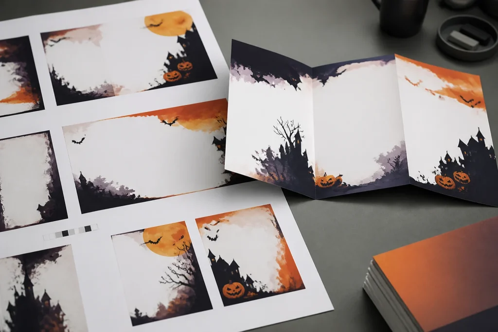 Halloween leaflet artwork arranged with clear sections and white space for Halloween leaflets printing.
