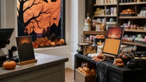Halloween point of sale printing displayed across a shop window, counter and product stand