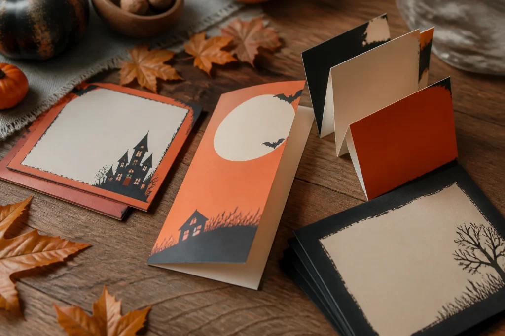 Halloween print invitations and folded guest information leaflets prepared for attendees