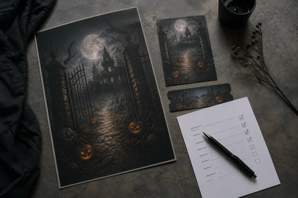 Halloween print proofs for an invitation, poster and ticket being checked together